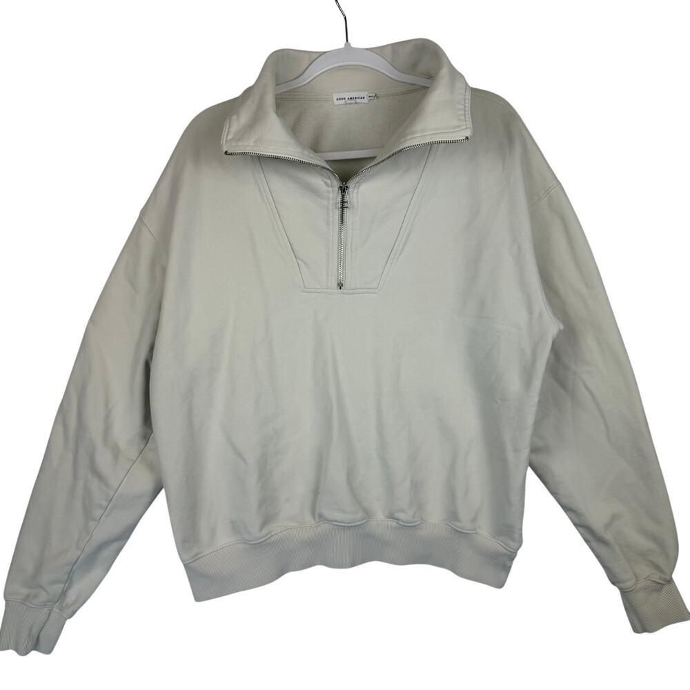 Good American Funnel Neck Quarter Zip Sweatshirt Womens Size 2 Off-White Cream